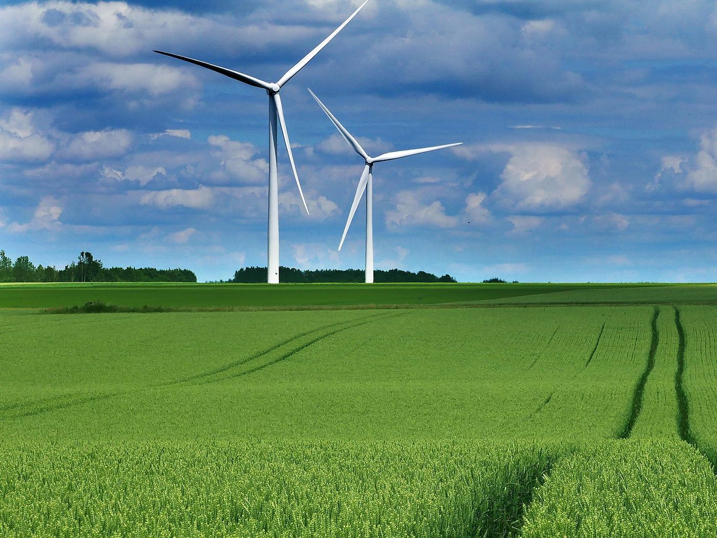 Éoliennes dans un champ de céréales sous un ciel nuageux